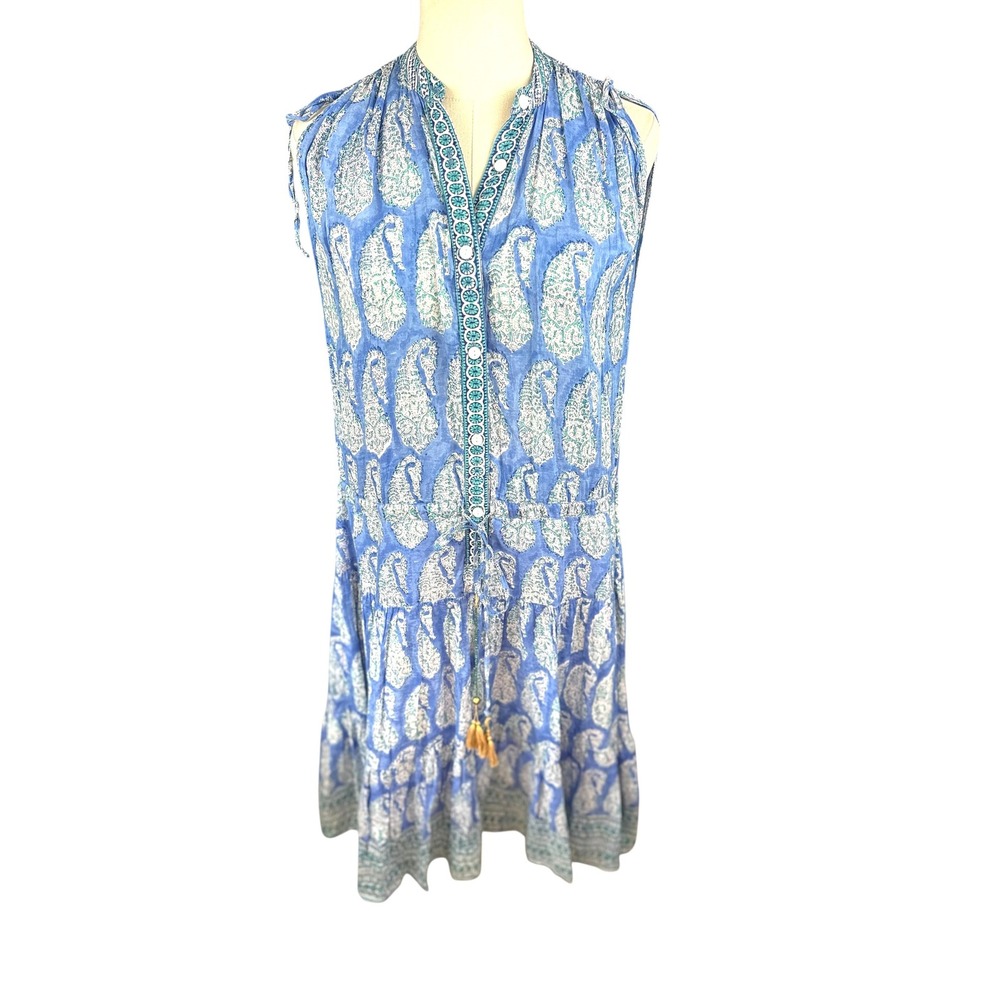 Bell By Alicia Bell SZ Med Paisley Cotton Silk Blue White Sleeveless‎ midi dress